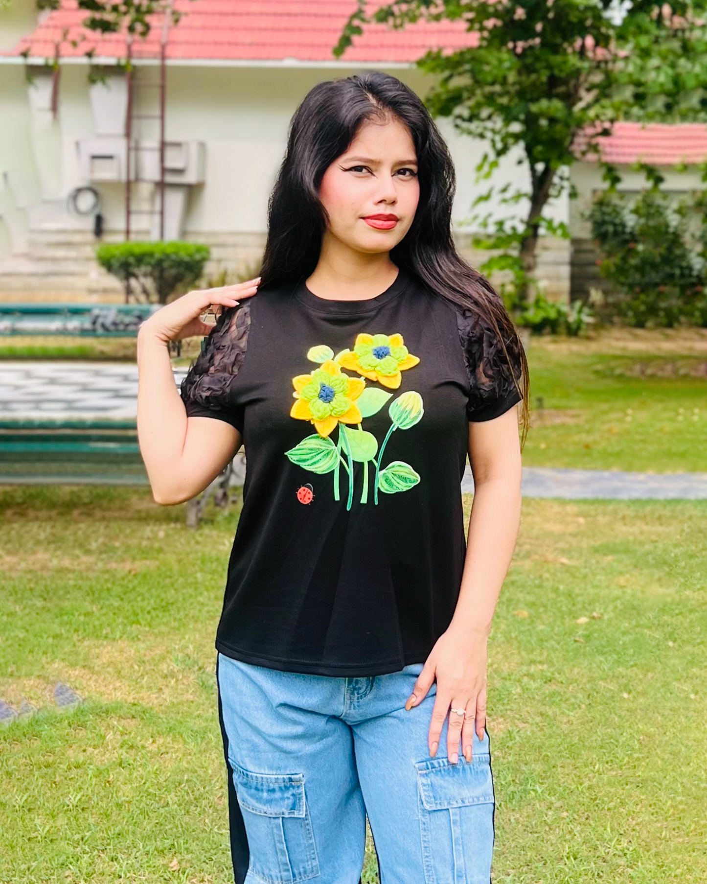 Dream Design Stylish Women's Thread Work Top β Floral Embroidered Short Sleeve Round Neck Blouse for Casual Fashion