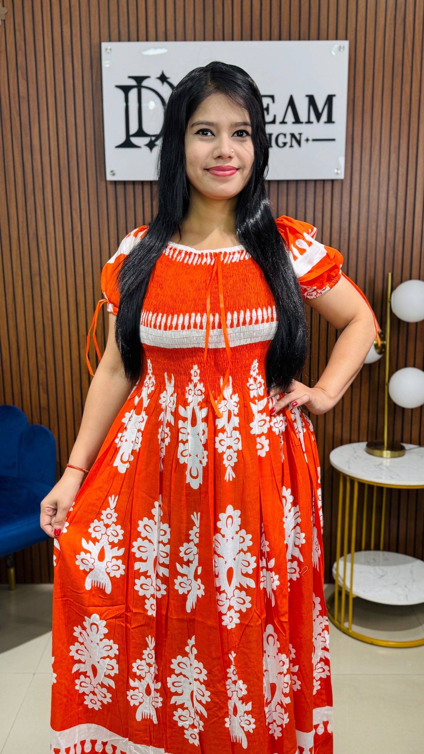 Stylish Printed Cotton Long Dress with Short Sleeves for Women