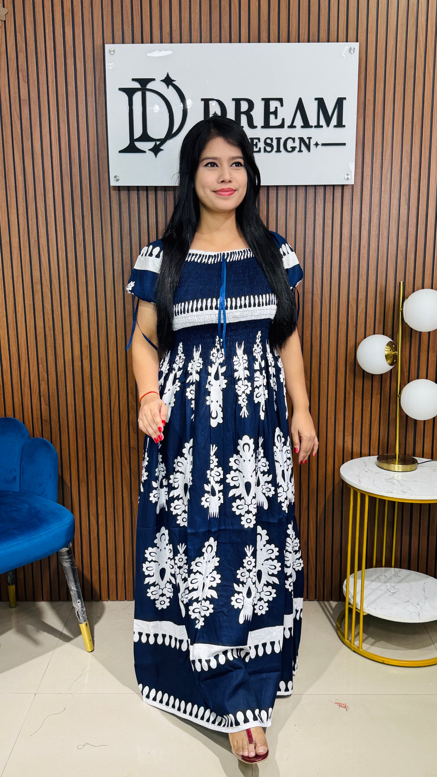 Stylish Printed Cotton Long Dress with Short Sleeves for Women