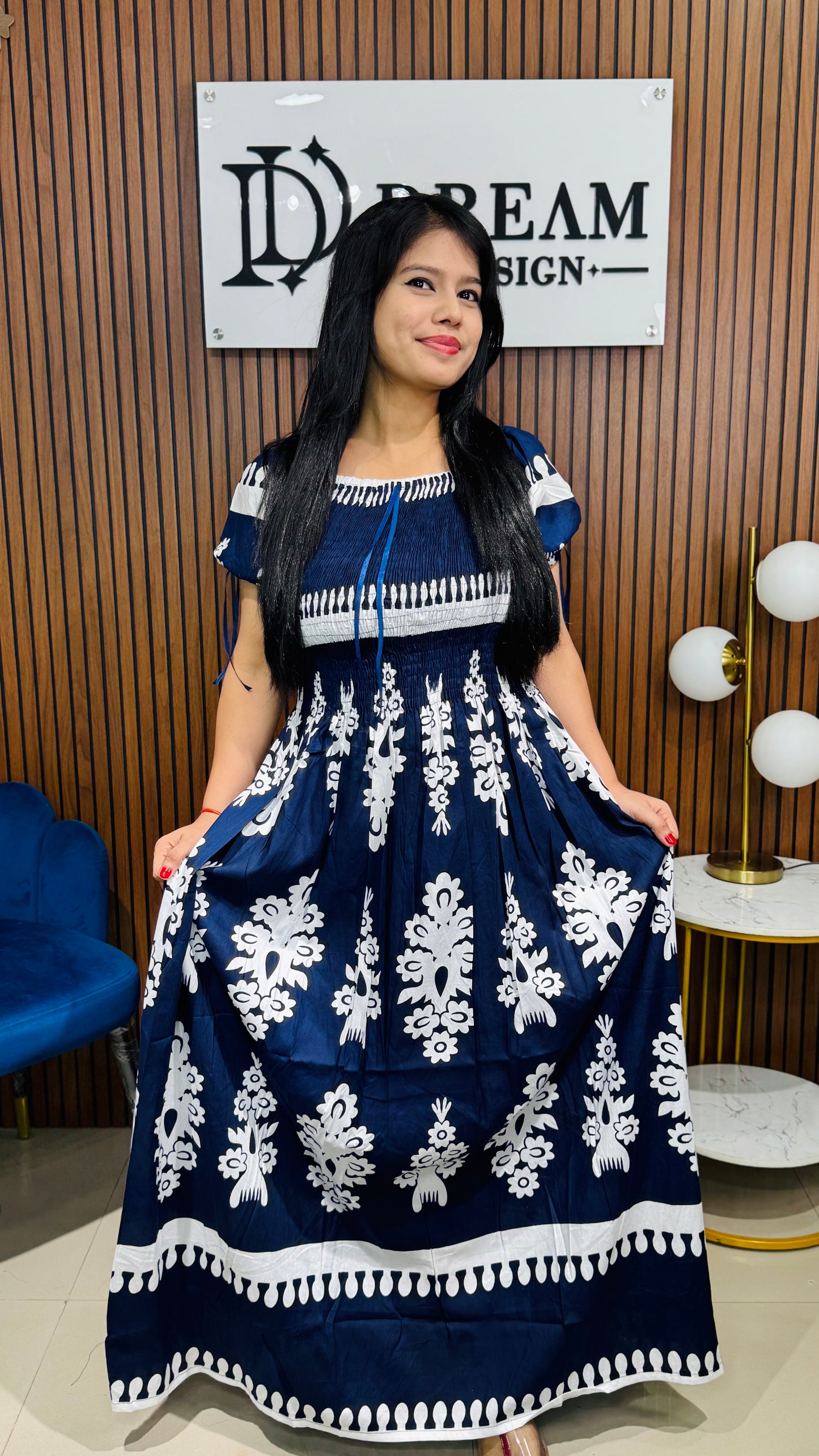 Stylish Printed Cotton Long Dress with Short Sleeves for Women