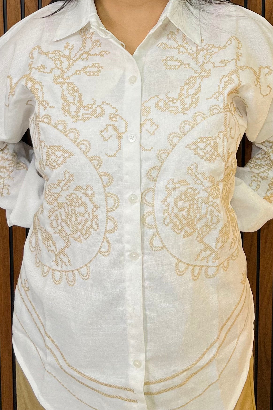 Elegant Two-Piece Co-Ord Set | Embroidered Shirt & Straight Pants