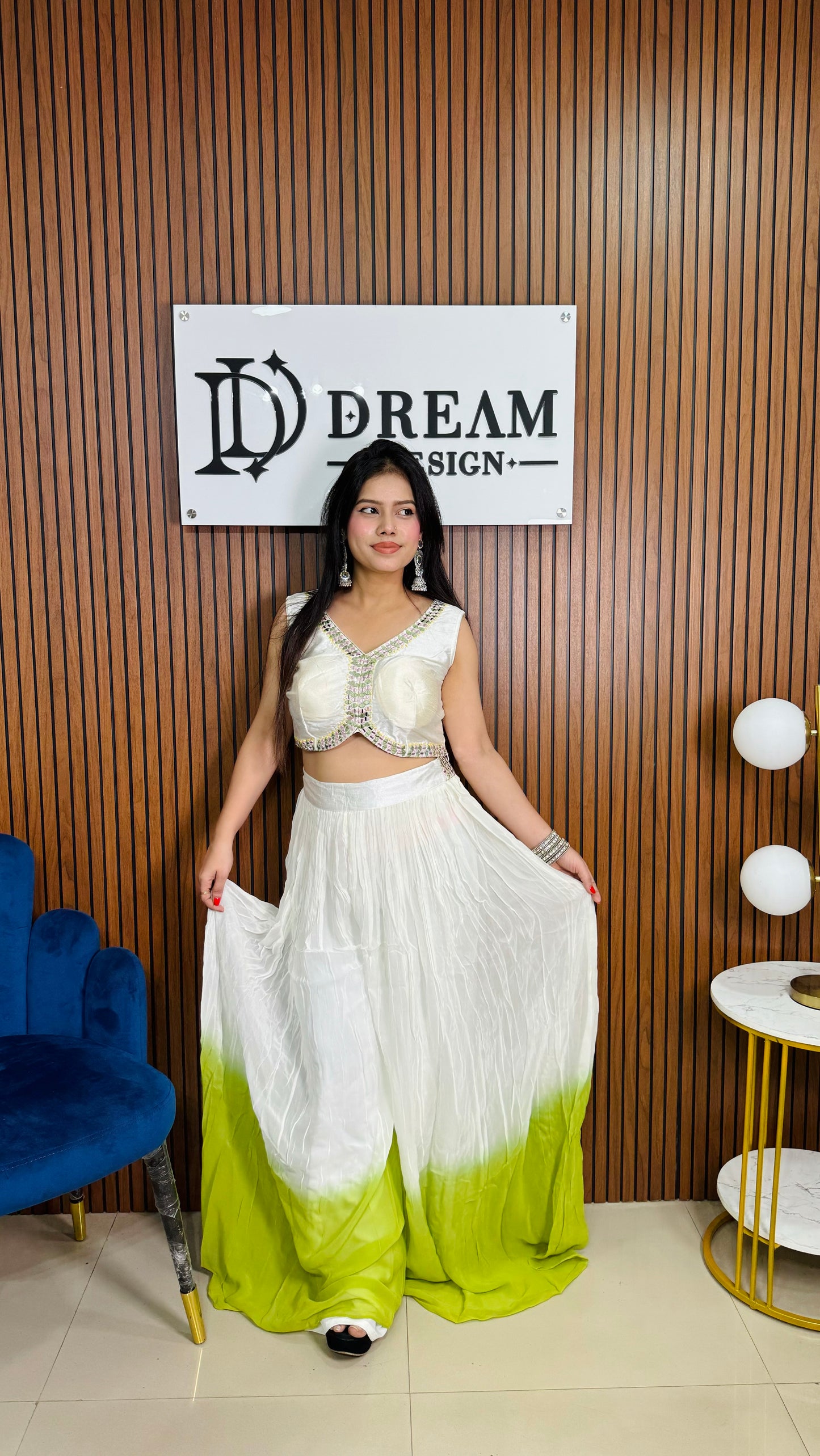 Dream Design Womens Designer Indo-Western Outfit White Crop Top & Palazzo with Vibrant Yellow Dupatta