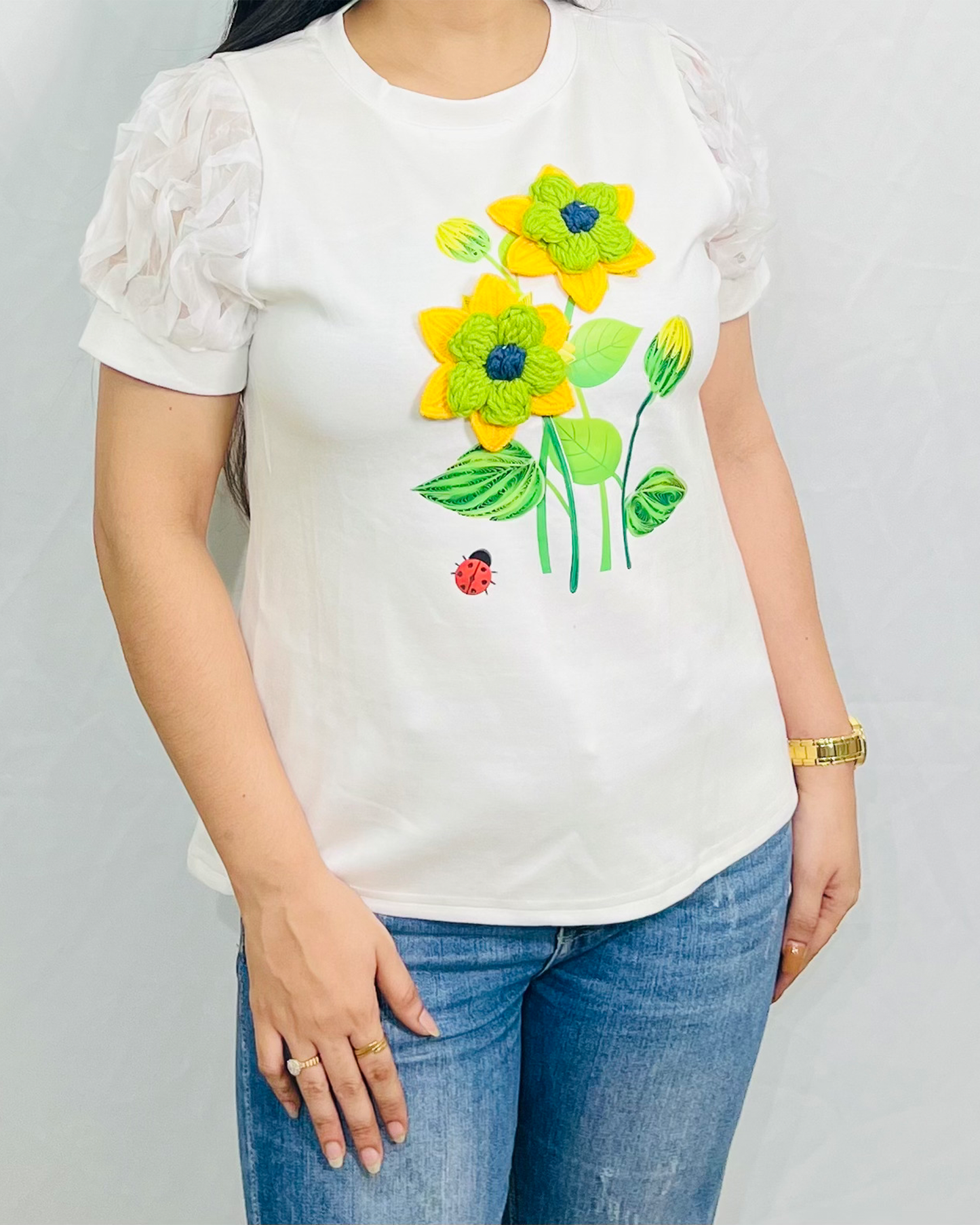 Dream Design Stylish Women's Thread Work Top β Floral Embroidered Short Sleeve Round Neck Blouse for Casual Fashion