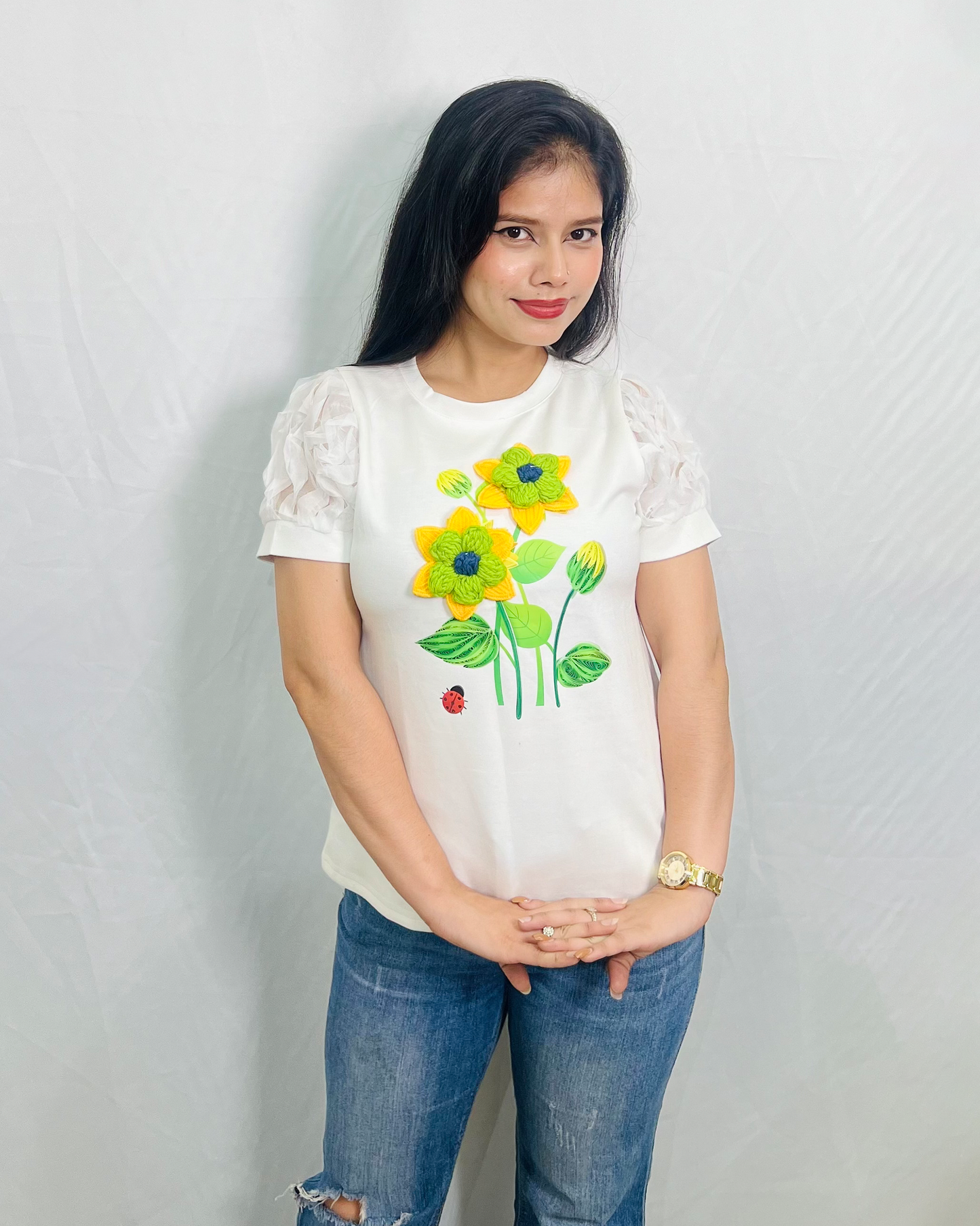 Dream Design Stylish Women's Thread Work Top β Floral Embroidered Short Sleeve Round Neck Blouse for Casual Fashion
