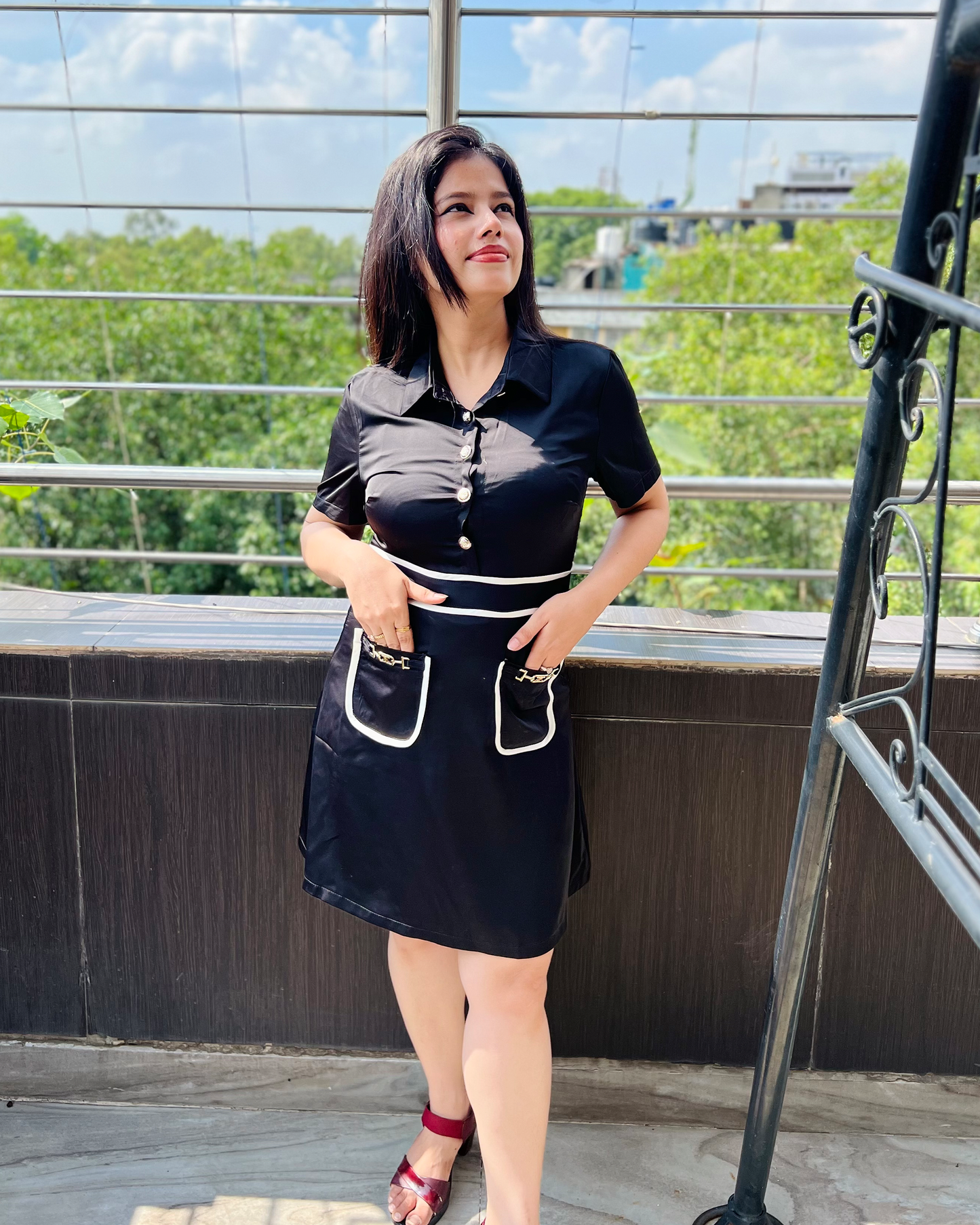 Dream Design Collar Neck Dress for Women with 2 Front Pockets β Casual & Workwear Button-Down Outfit | Lightweight & Comfortable
