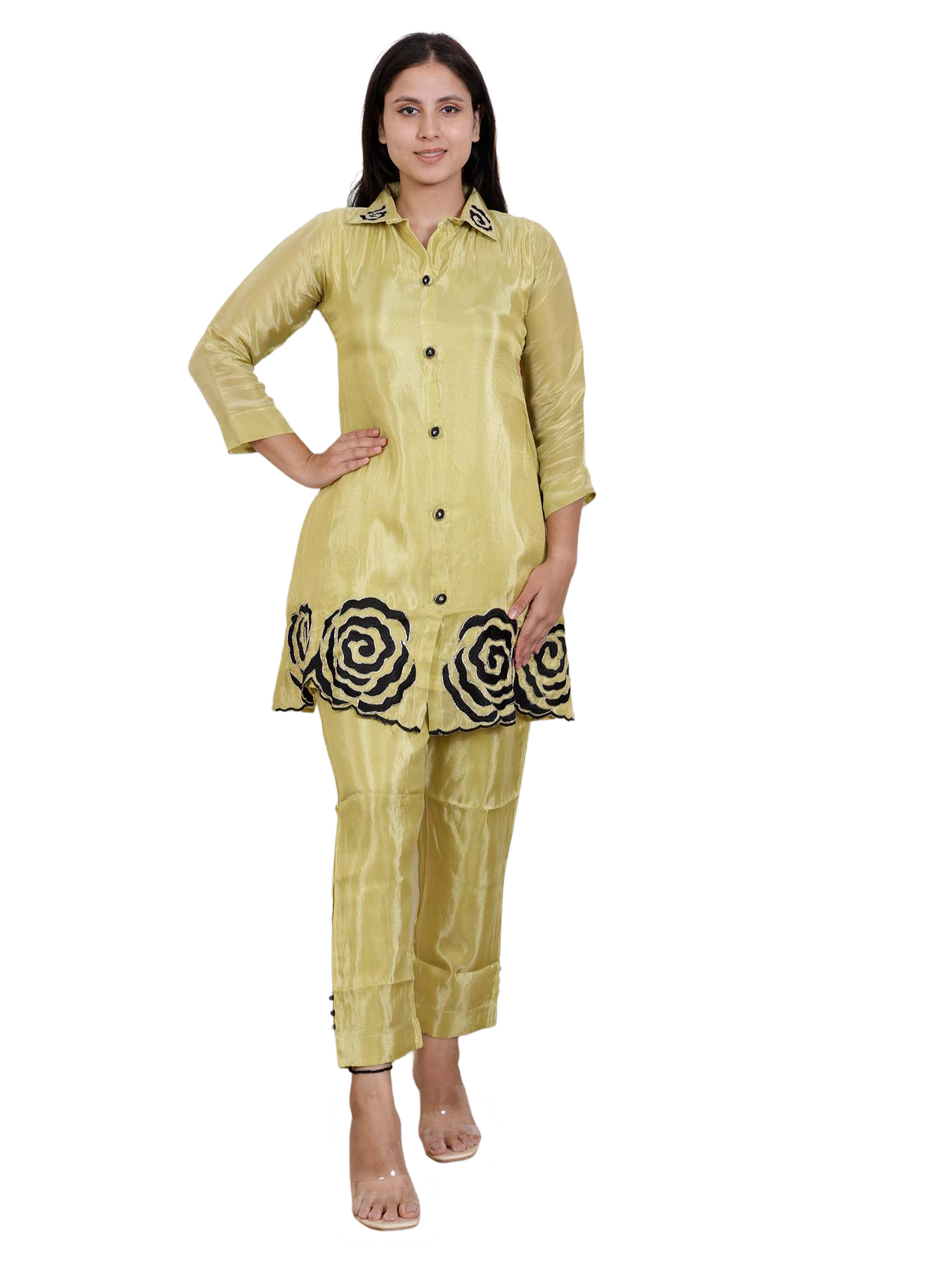 Dream Design Elegant Satin Co-Ord Set with Black Rose Embroidery & Collar Neck β Stylish Women's Outfit