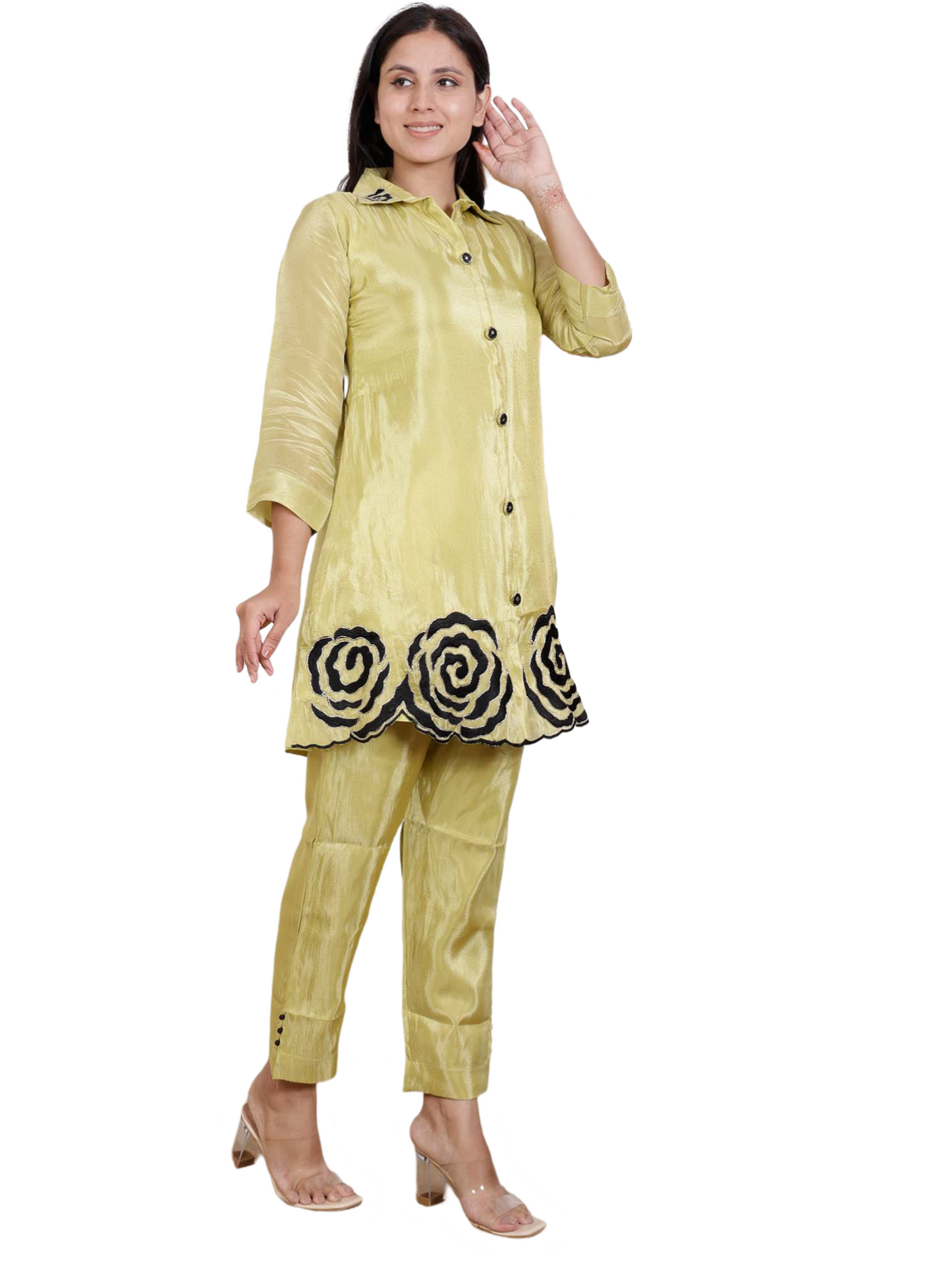 Dream Design Elegant Satin Co-Ord Set with Black Rose Embroidery & Collar Neck β Stylish Women's Outfit