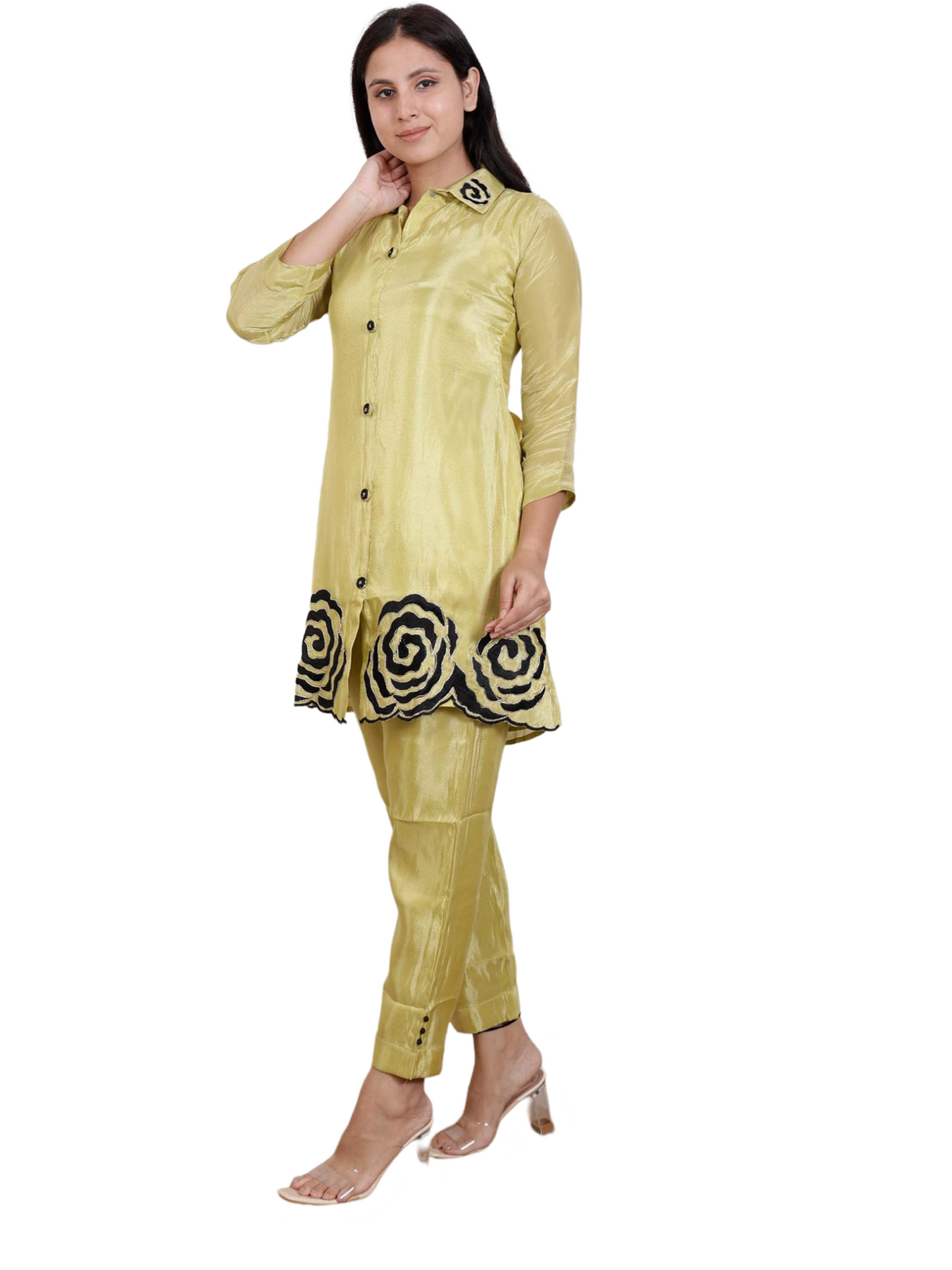 Dream Design Elegant Satin Co-Ord Set with Black Rose Embroidery & Collar Neck β Stylish Women's Outfit