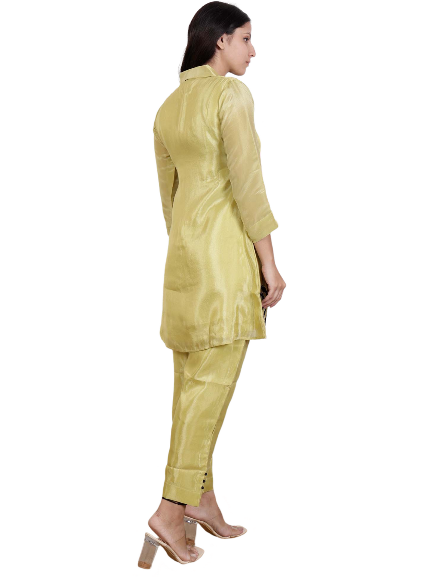 Dream Design Elegant Satin Co-Ord Set with Black Rose Embroidery & Collar Neck β Stylish Women's Outfit