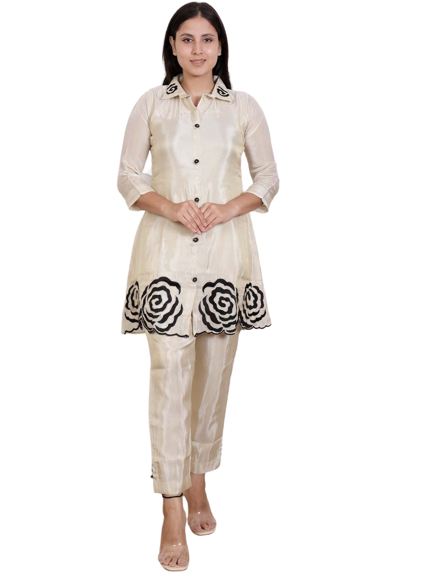 Dream Design Elegant Satin Co-Ord Set with Black Rose Embroidery & Collar Neck β Stylish Women's Outfit