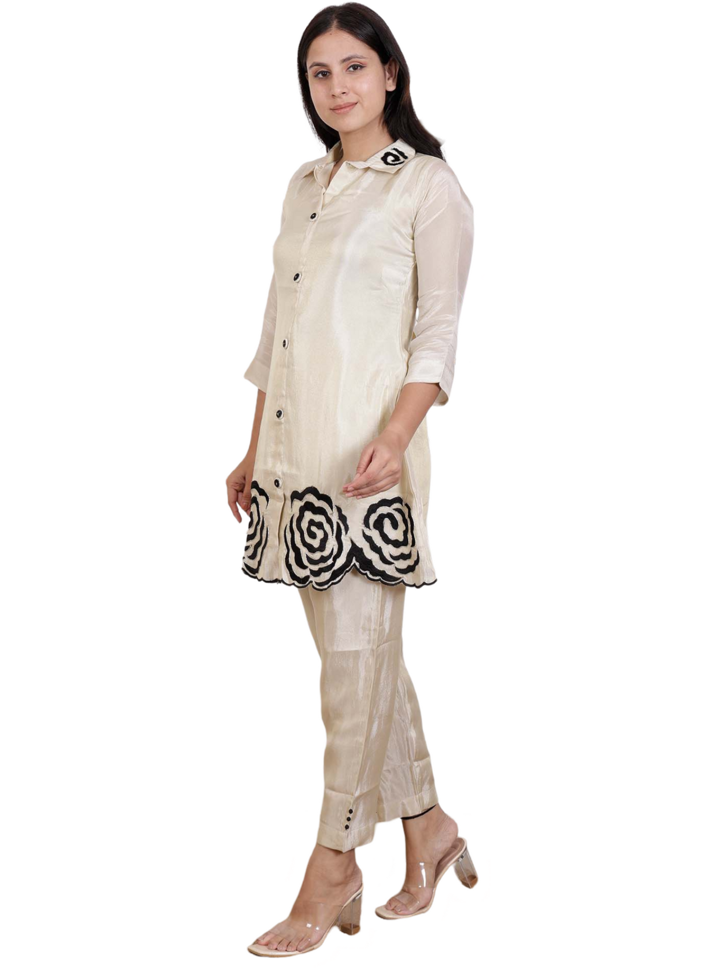 Dream Design Elegant Satin Co-Ord Set with Black Rose Embroidery & Collar Neck β Stylish Women's Outfit