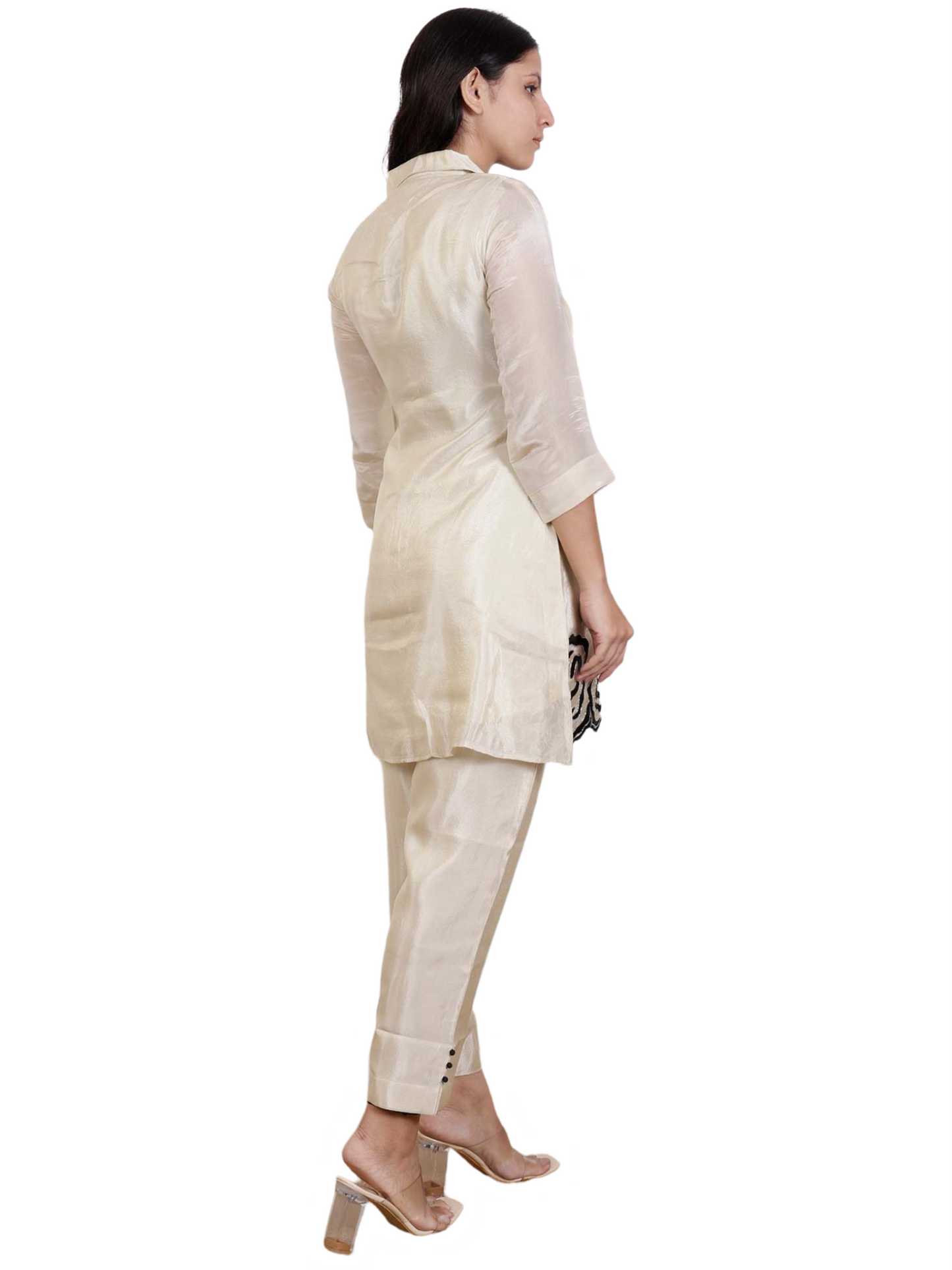 Dream Design Elegant Satin Co-Ord Set with Black Rose Embroidery & Collar Neck β Stylish Women's Outfit