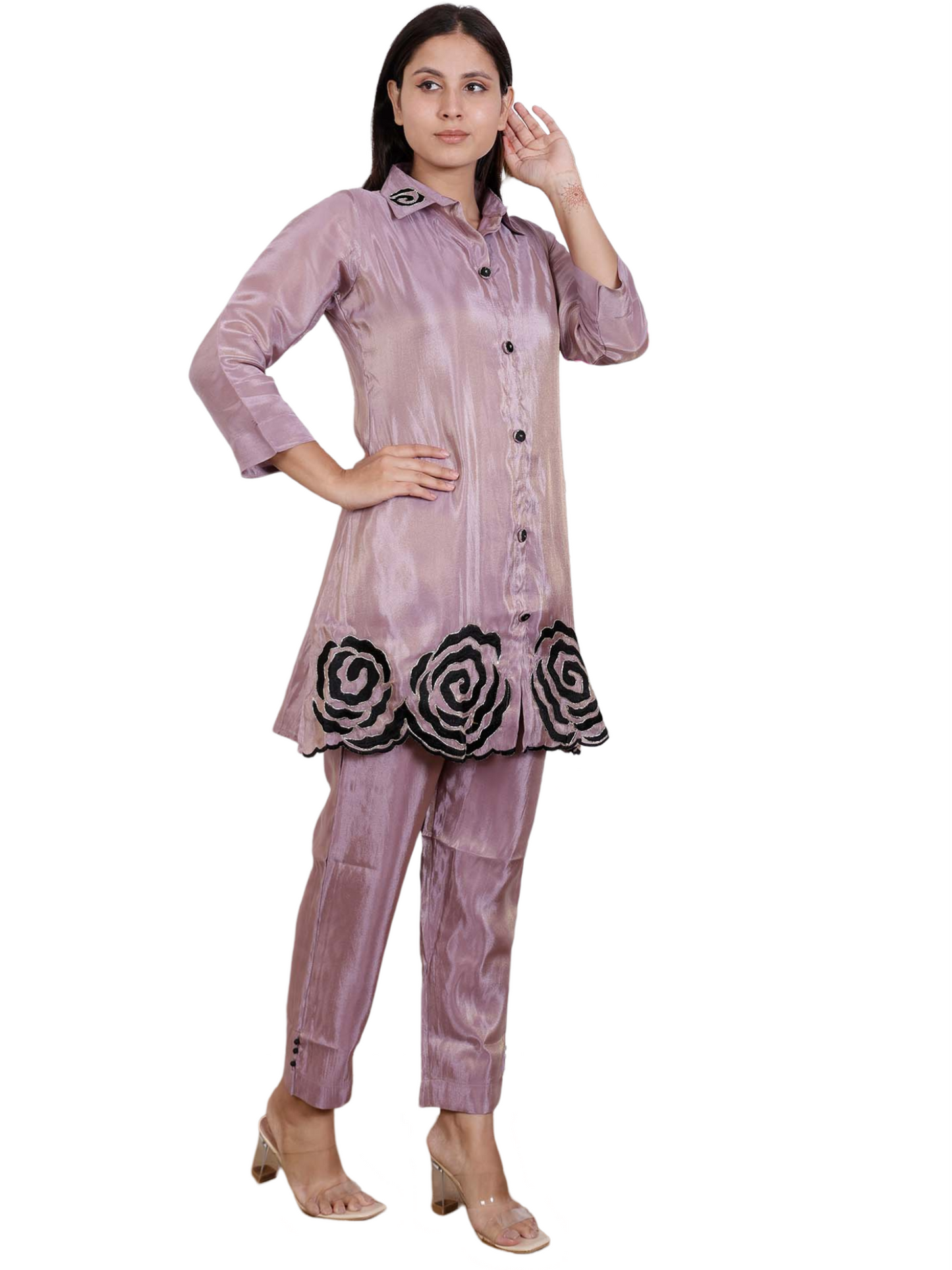 Dream Design Elegant Satin Co-Ord Set with Black Rose Embroidery & Collar Neck β Stylish Women's Outfit