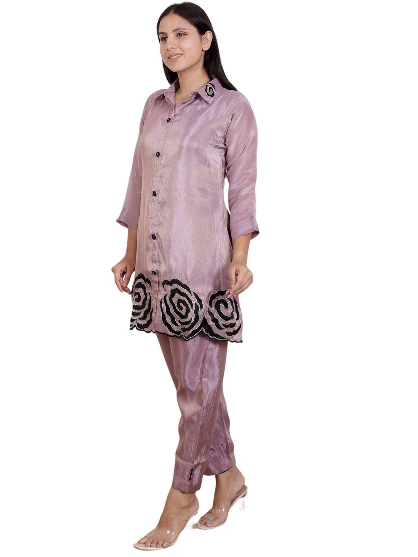 Dream Design Elegant Satin Co-Ord Set with Black Rose Embroidery & Collar Neck β Stylish Women's Outfit