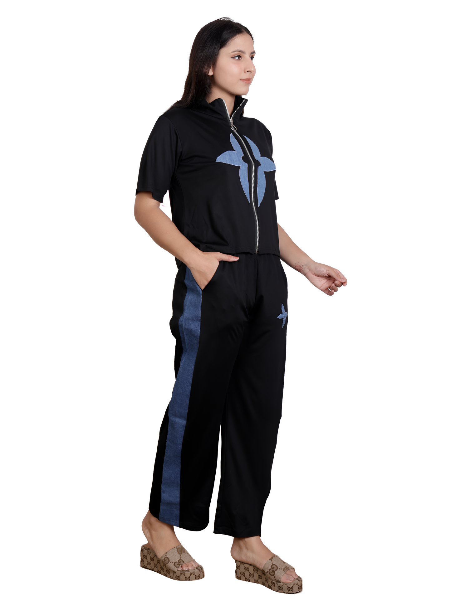Dream Design Casual Denim Patch Co-ord Set β Zip-Up Jacket & Stretchable Pants for Women