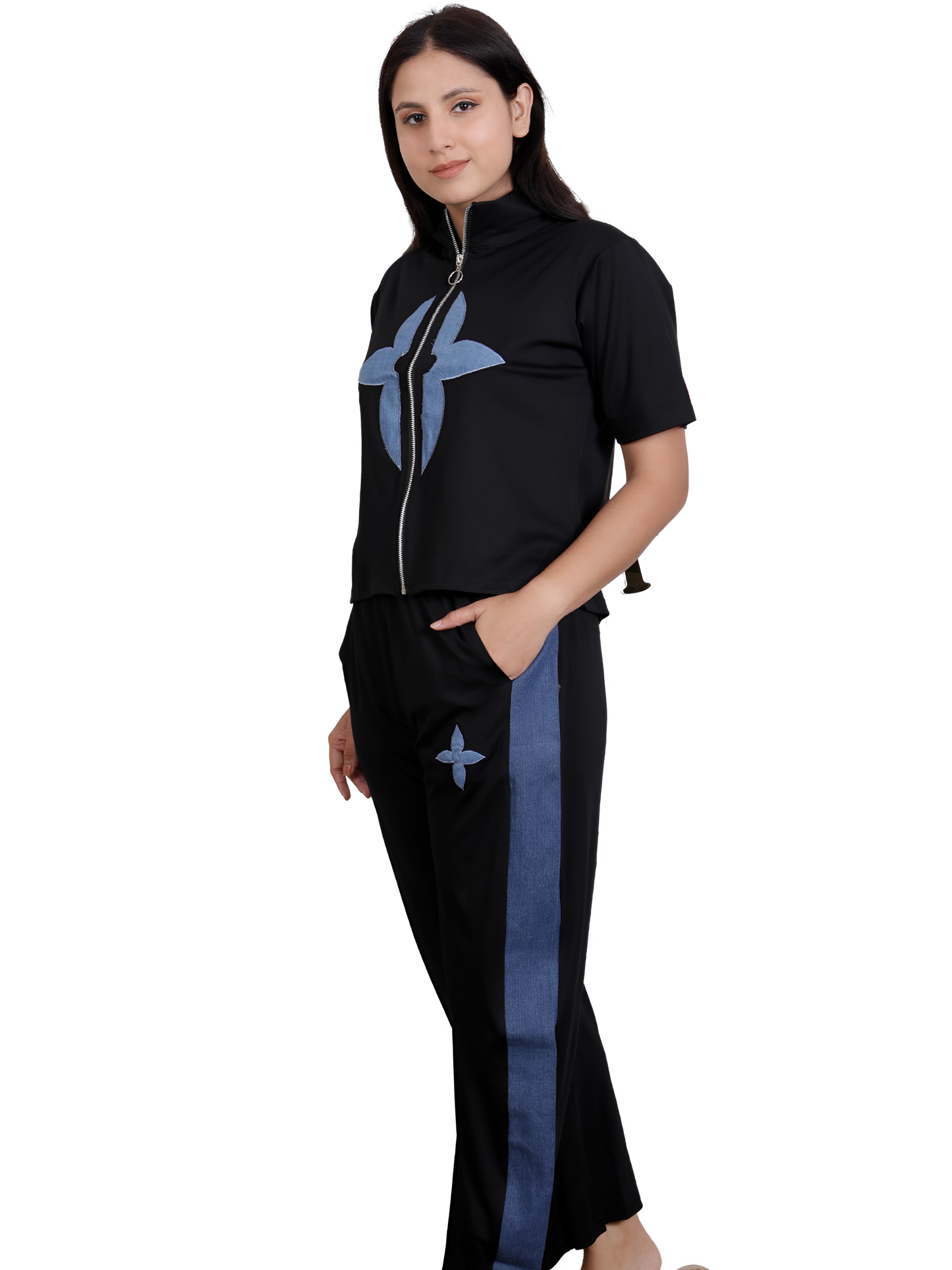 Dream Design Casual Denim Patch Co-ord Set β Zip-Up Jacket & Stretchable Pants for Women