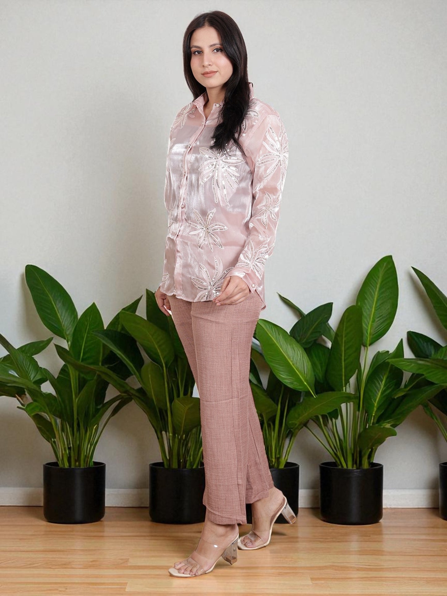 Women’s Embroidered Sheer Shirt with Straight Pants | Stylish Co-Ord Set