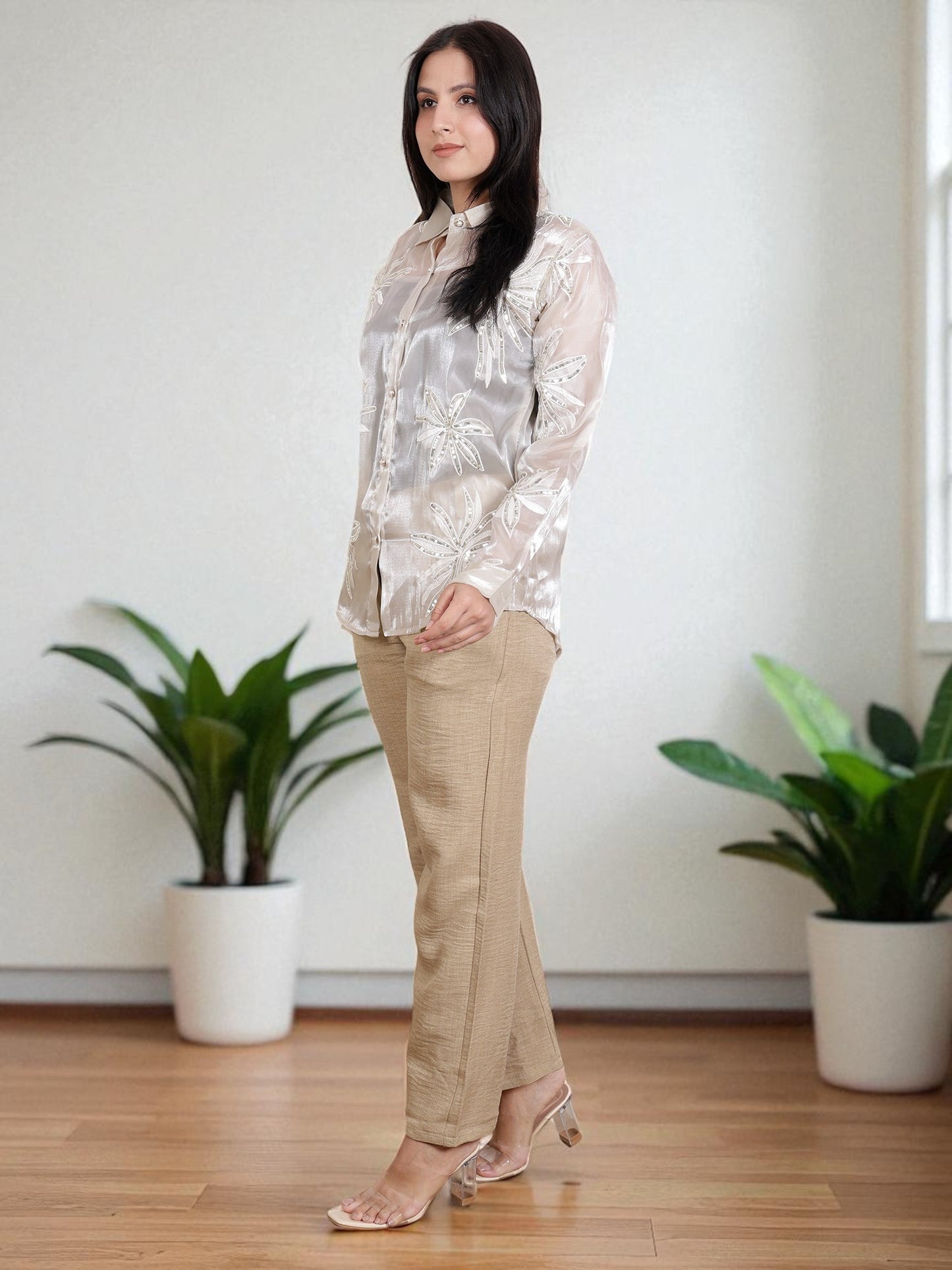 Women’s Embroidered Sheer Shirt with Straight Pants | Stylish Co-Ord Set