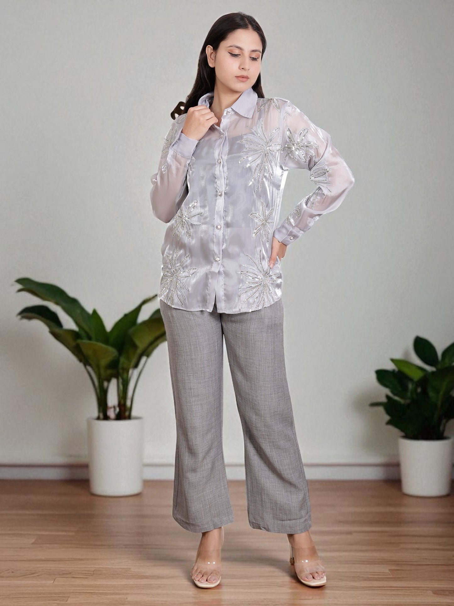 Women’s Embroidered Sheer Shirt with Straight Pants | Stylish Co-Ord Set