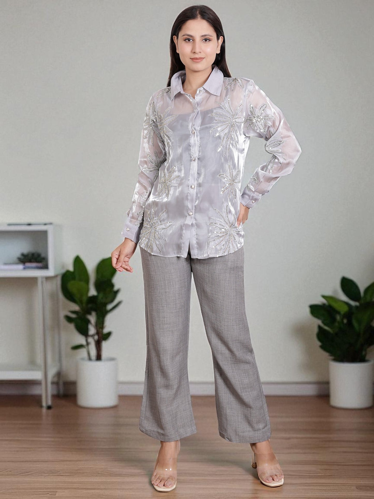 Women’s Embroidered Sheer Shirt with Straight Pants | Stylish Co-Ord Set