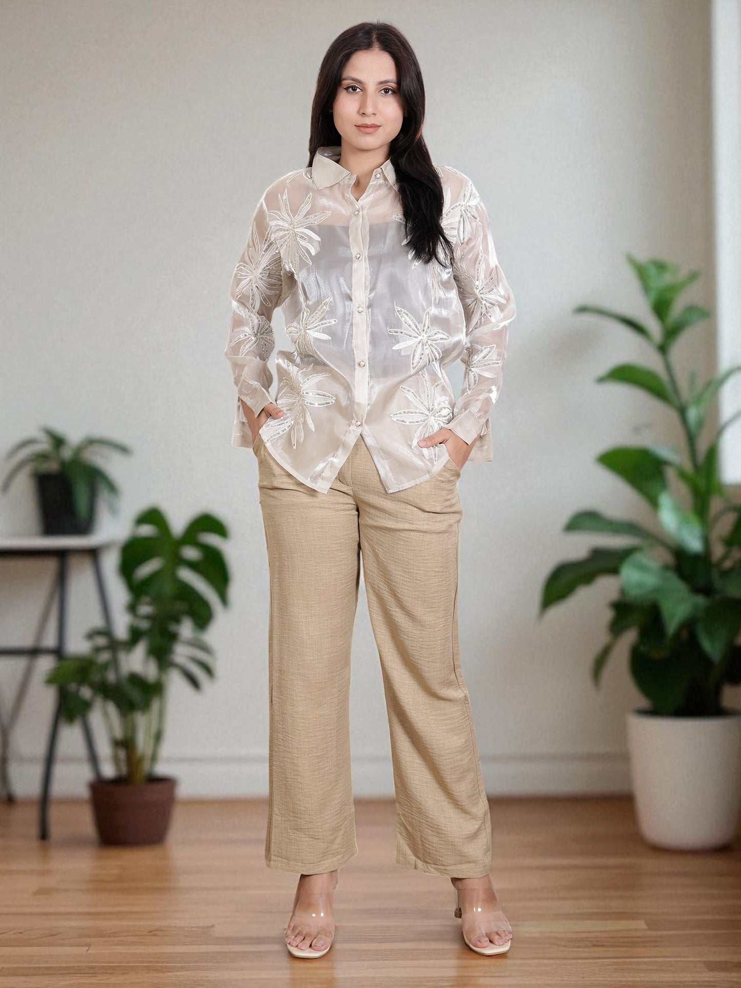 Women’s Embroidered Sheer Shirt with Straight Pants | Stylish Co-Ord Set