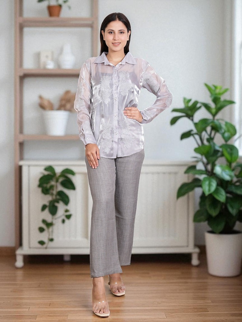 Elegant Two Piece Co-Ord Set for Women – Satin Shirt with Pants