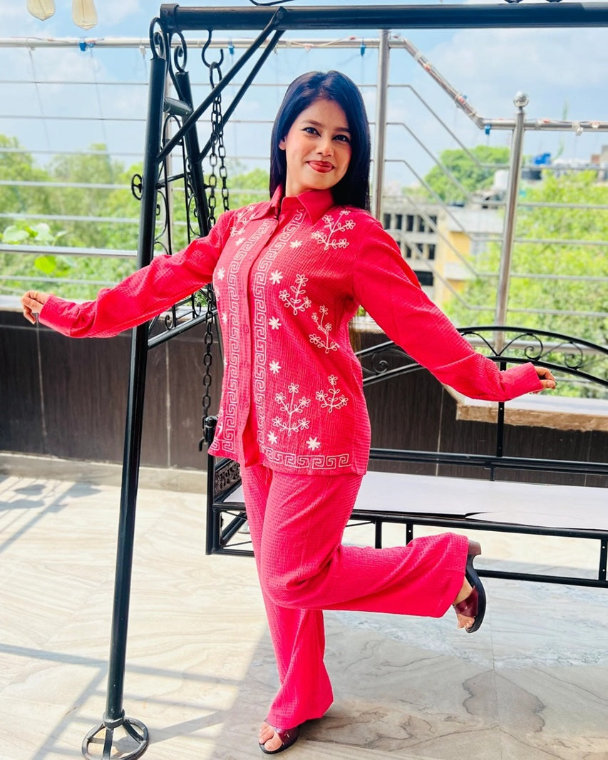 Classic Embroidered Co-Ord Set | Long Sleeve Shirt with Matching Bottoms