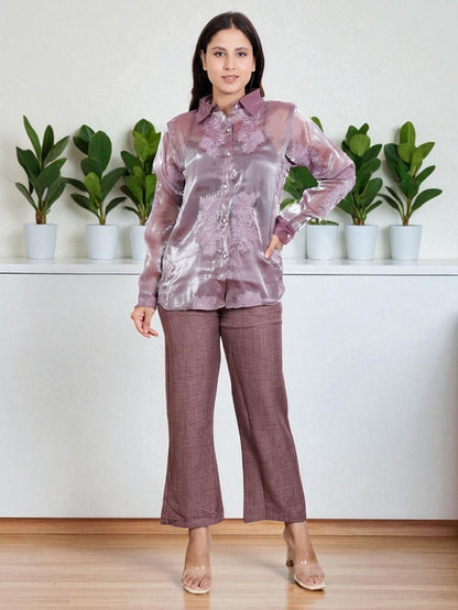 Elegant Two Piece Co-Ord Set for Women – Satin Shirt with Pants