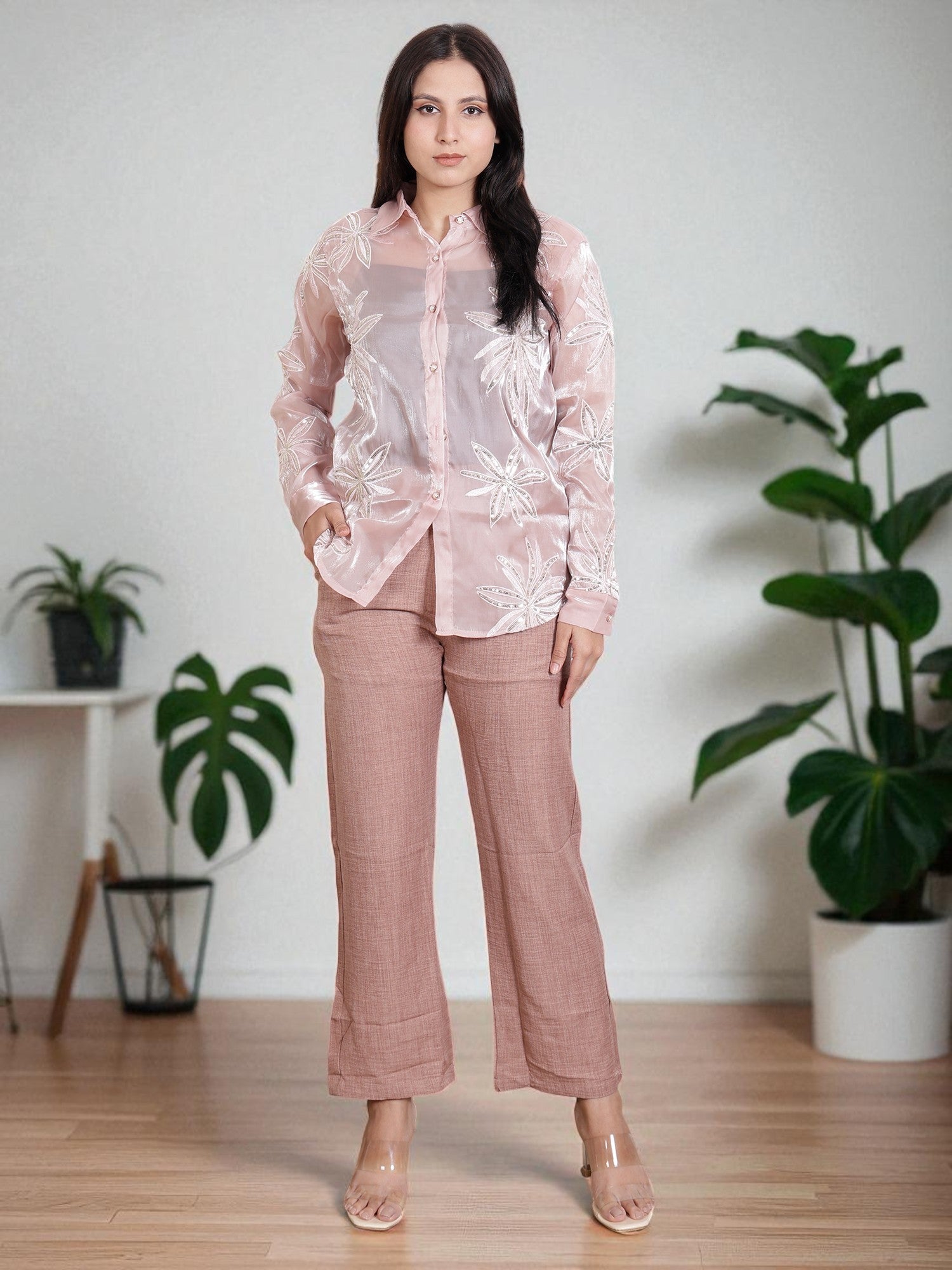 Women’s Embroidered Sheer Shirt with Straight Pants | Stylish Co-Ord Set