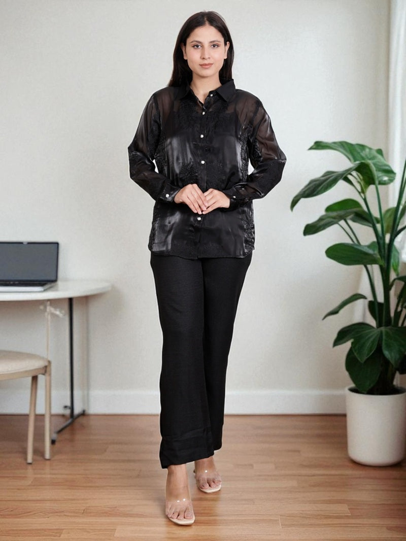 Elegant Two Piece Co-Ord Set for Women – Satin Shirt with Pants