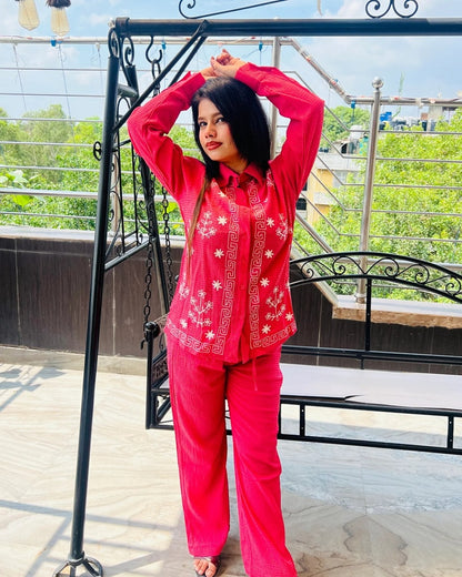 Classic Embroidered Co-Ord Set | Long Sleeve Shirt with Matching Bottoms