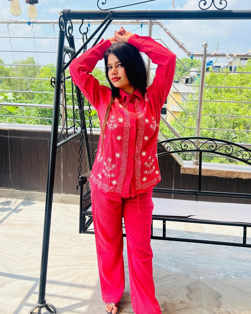 Classic Embroidered Co-Ord Set | Long Sleeve Shirt with Matching Bottoms