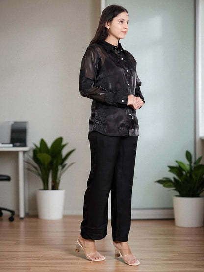 Elegant Two Piece Co-Ord Set for Women – Satin Shirt with Pants