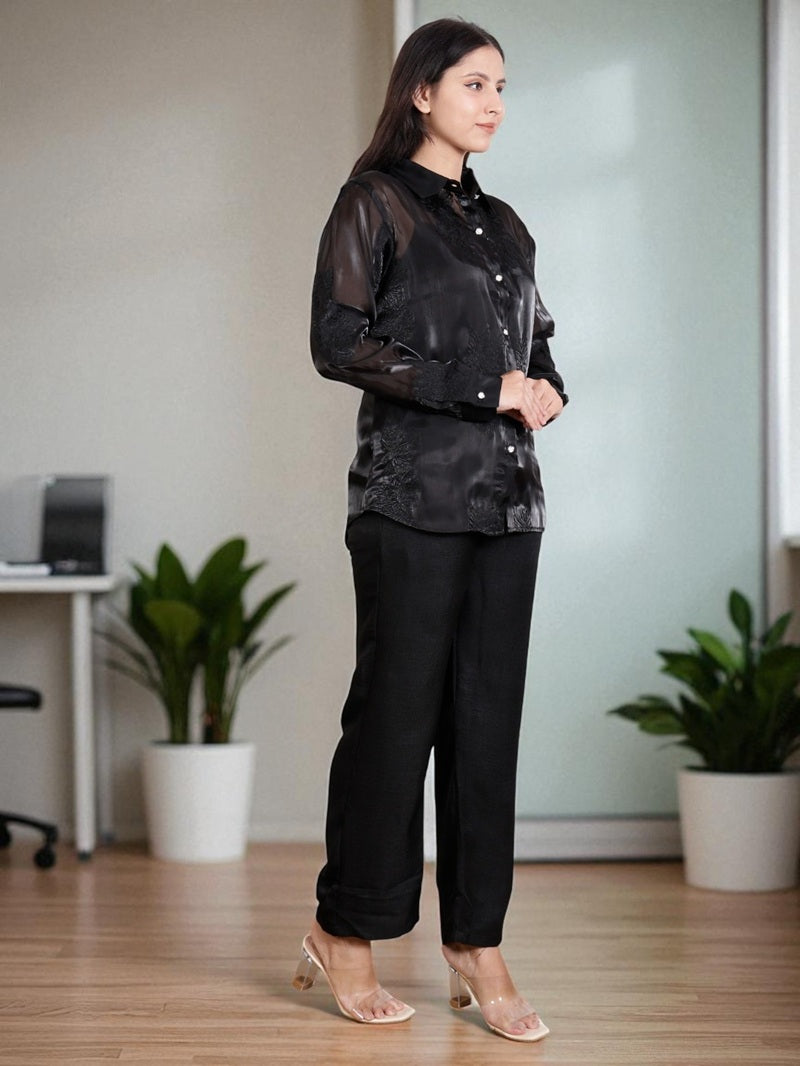 Elegant Two Piece Co-Ord Set for Women – Satin Shirt with Pants