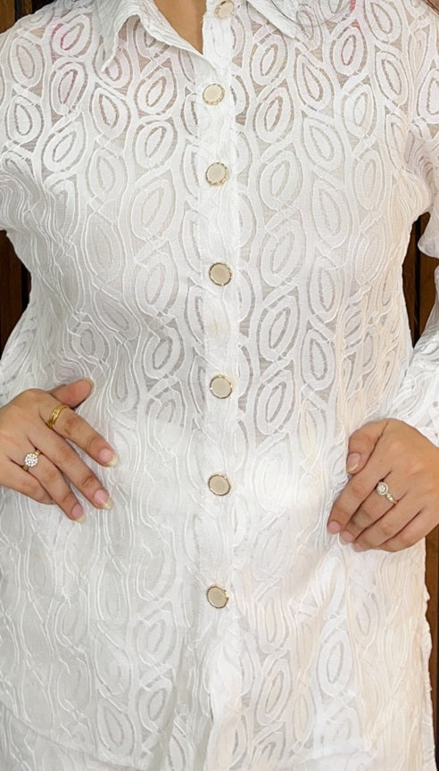 Womens Crochet Leaf Pattern Collar Neck & Long Sleeves Trendy Co-Ord Set