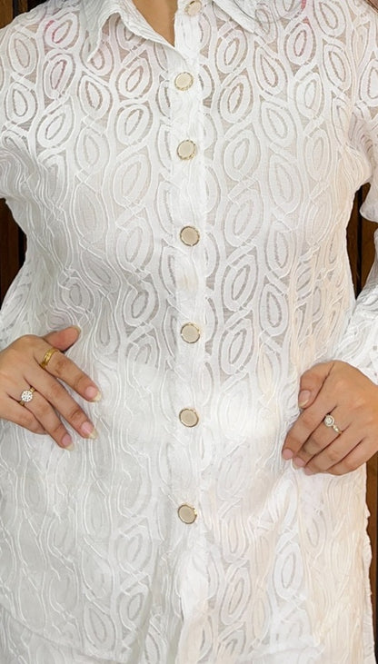 Womens Crochet Leaf Pattern Collar Neck & Long Sleeves Trendy Co-Ord Set
