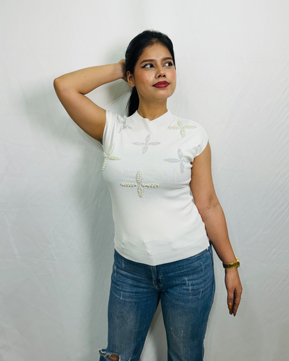 Dream Design Round Neck Stone Work Top for Women – Soft & Comfortable Short Sleeve Party & Daily Wear