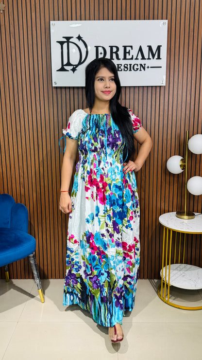 Designer Ethnic Long Dress with Floral Motifs – Casual & Festive Wear