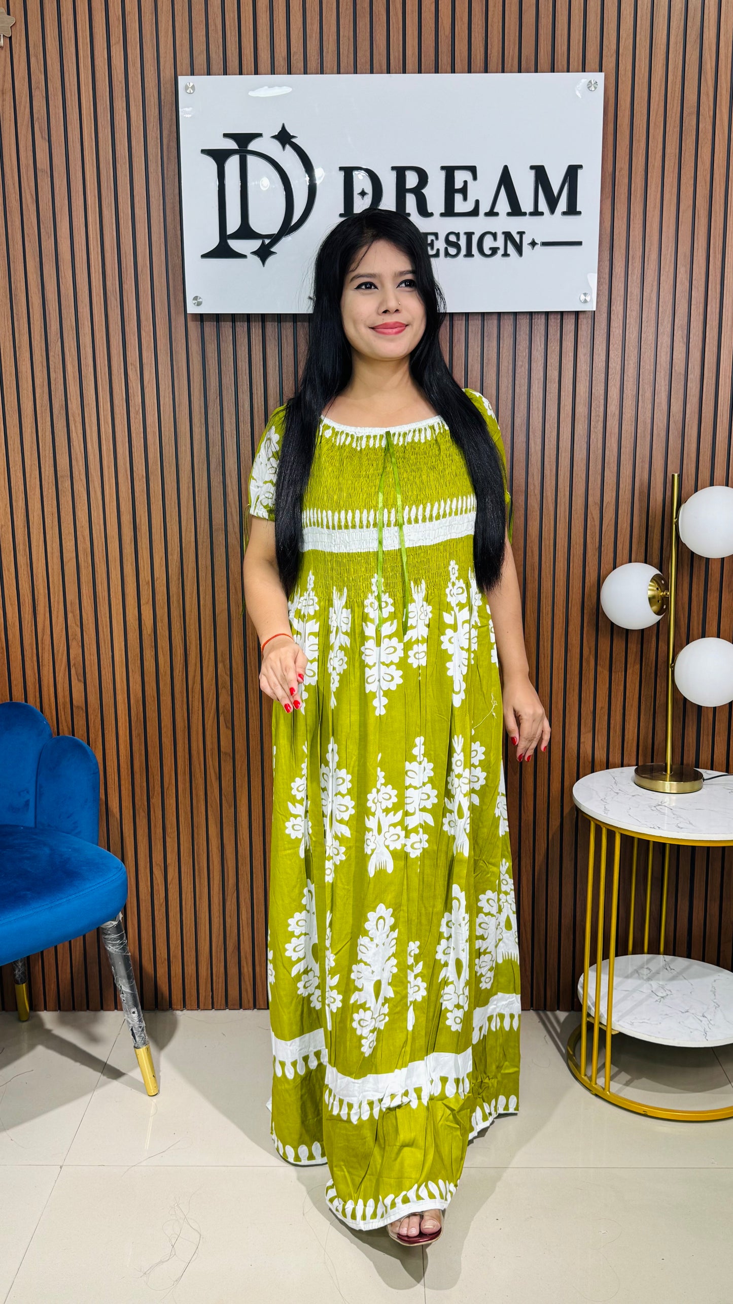 Stylish Printed Cotton Long Dress with Short Sleeves for Women