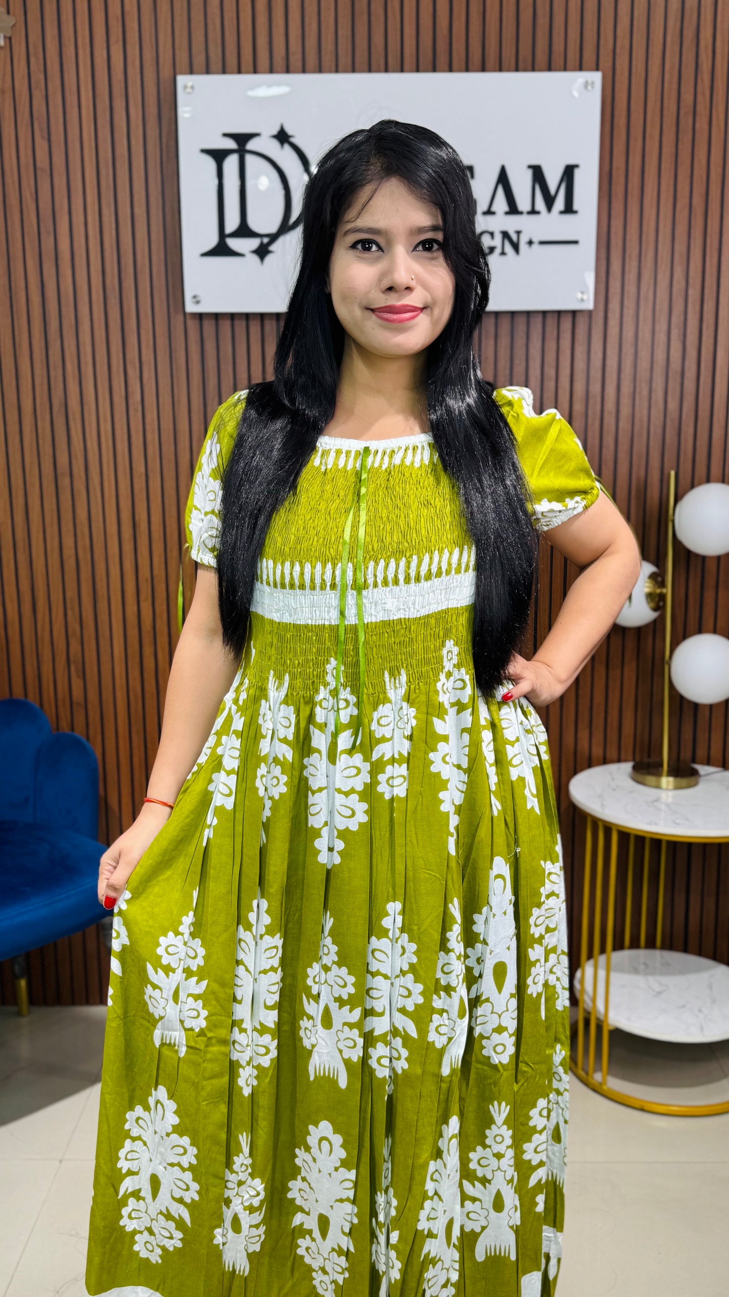 Stylish Printed Cotton Long Dress with Short Sleeves for Women