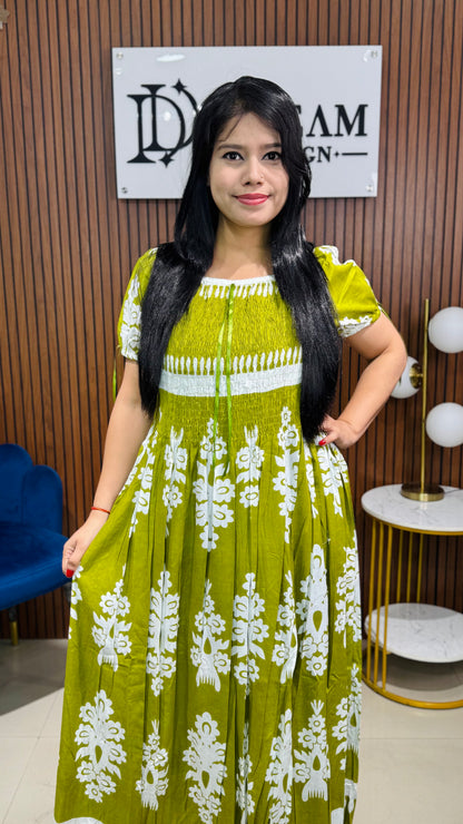 Stylish Printed Cotton Long Dress with Short Sleeves for Women