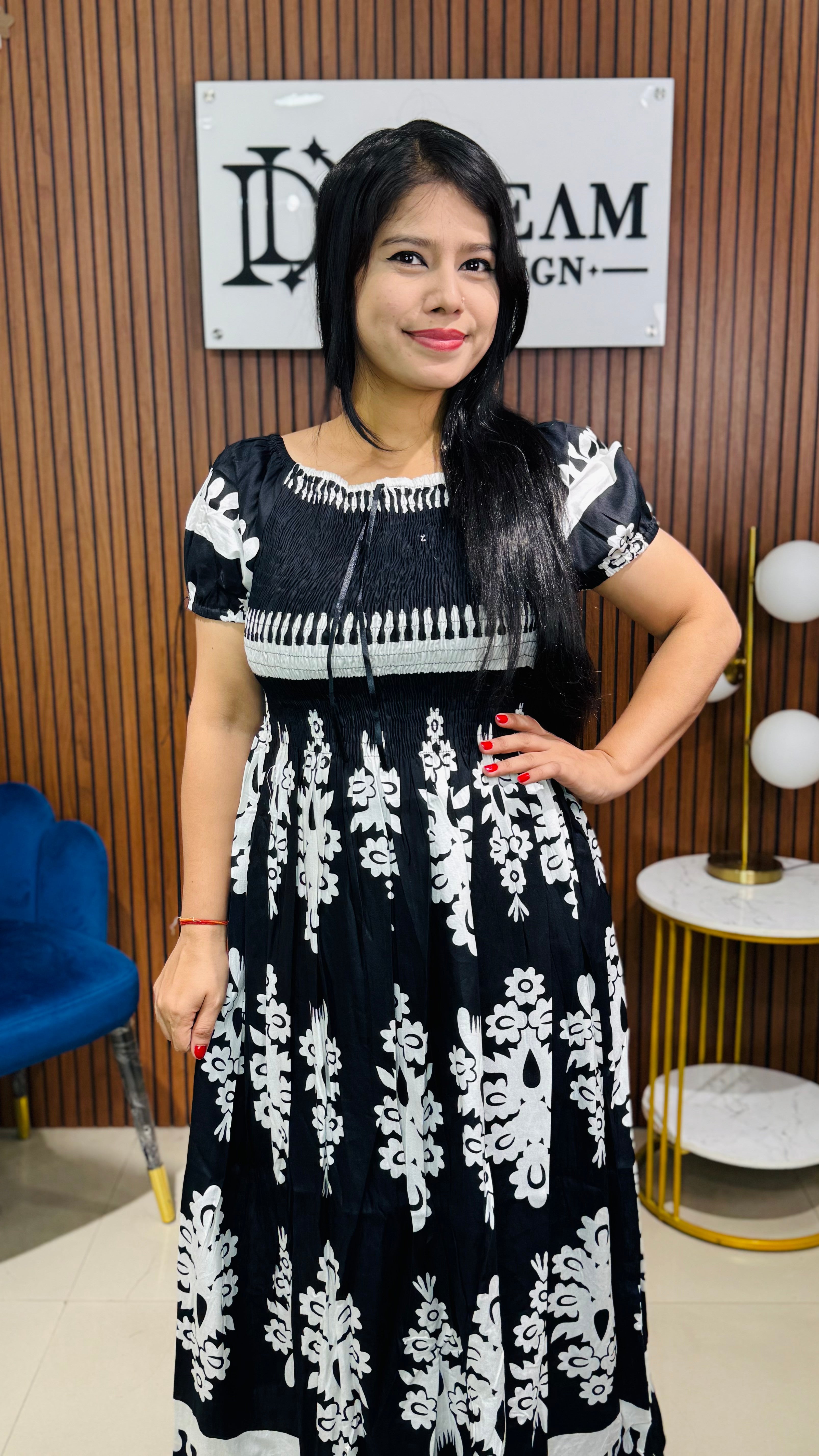 Stylish Printed Cotton Long Dress with Short Sleeves for Women