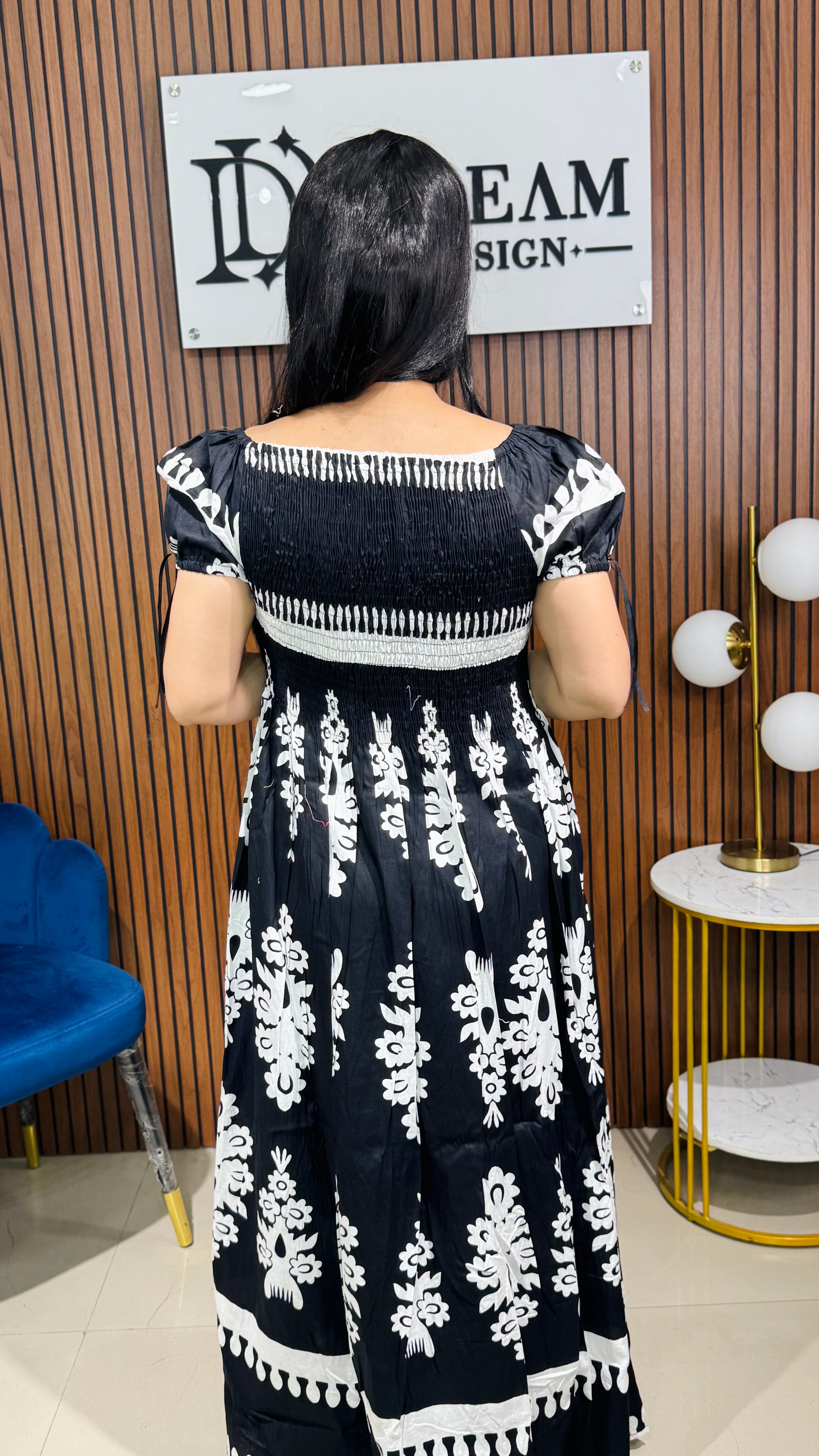Stylish Printed Cotton Long Dress with Short Sleeves for Women