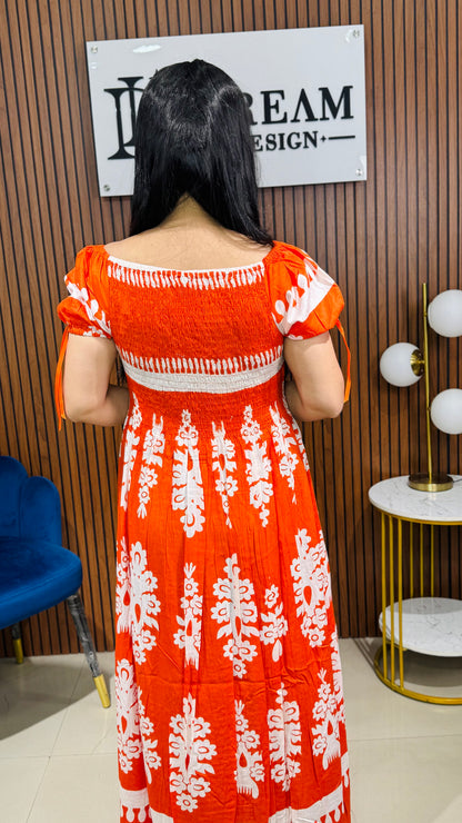 Stylish Printed Cotton Long Dress with Short Sleeves for Women