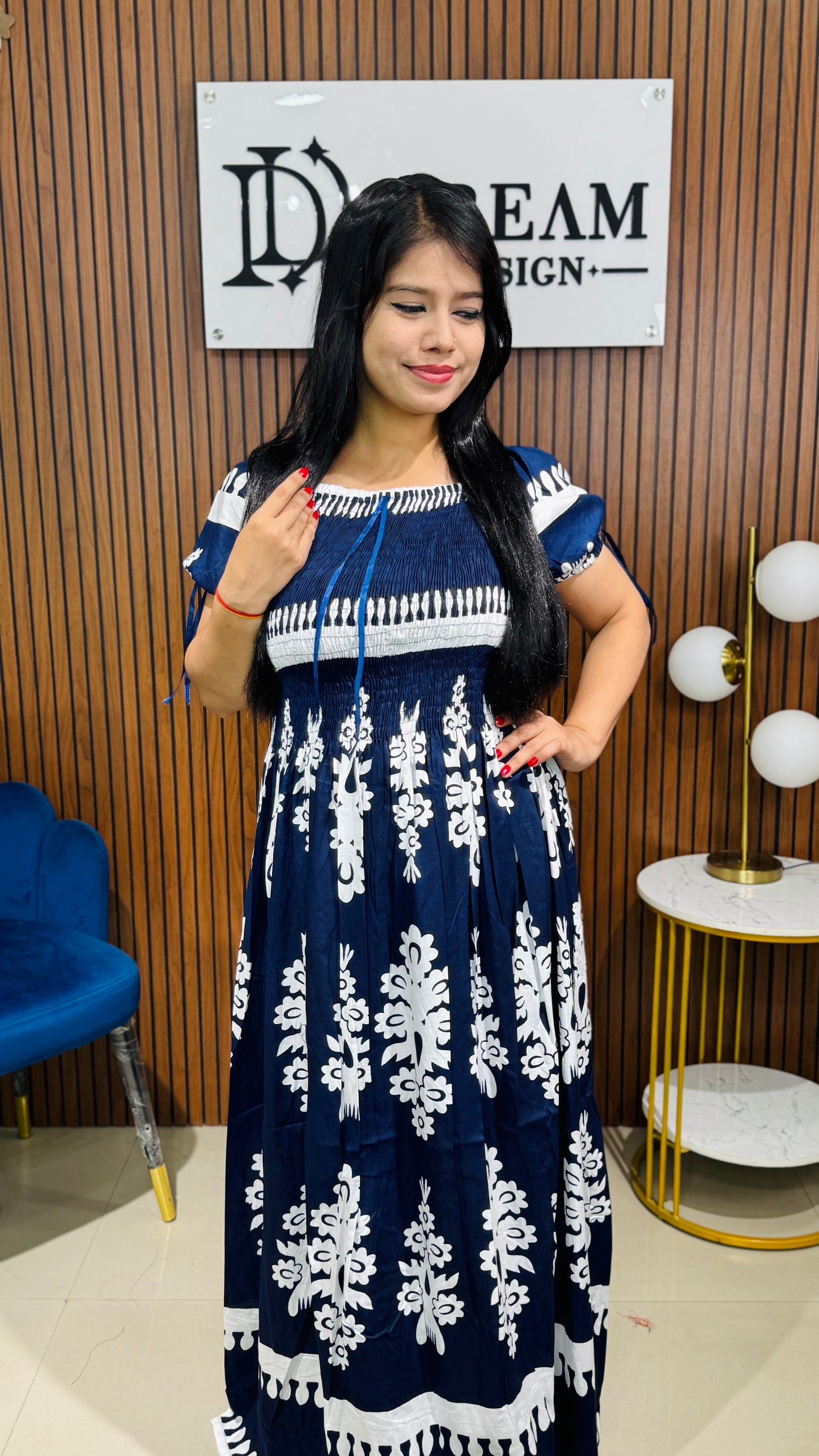 Stylish Printed Cotton Long Dress with Short Sleeves for Women