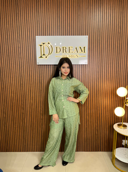 Womens Crochet Leaf Pattern Collar Neck & Long Sleeves Trendy Co-Ord Set