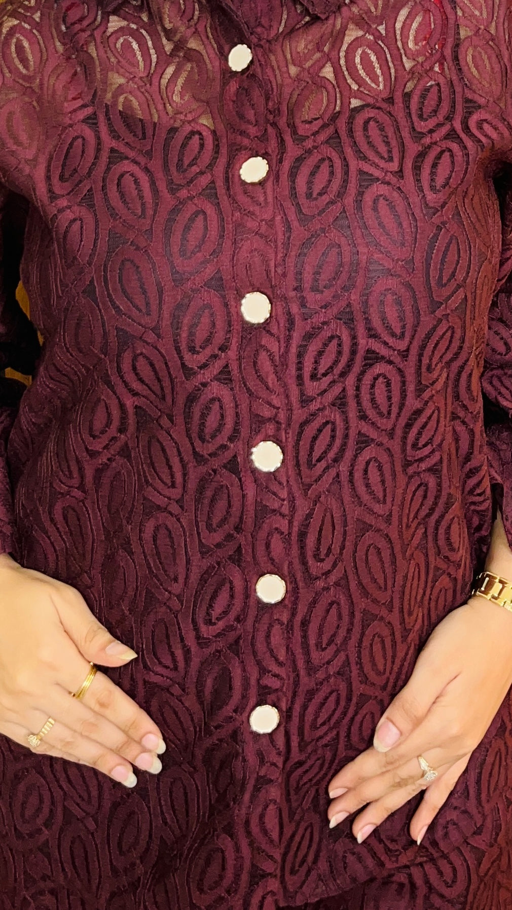 Womens Crochet Leaf Pattern Collar Neck & Long Sleeves Trendy Co-Ord Set