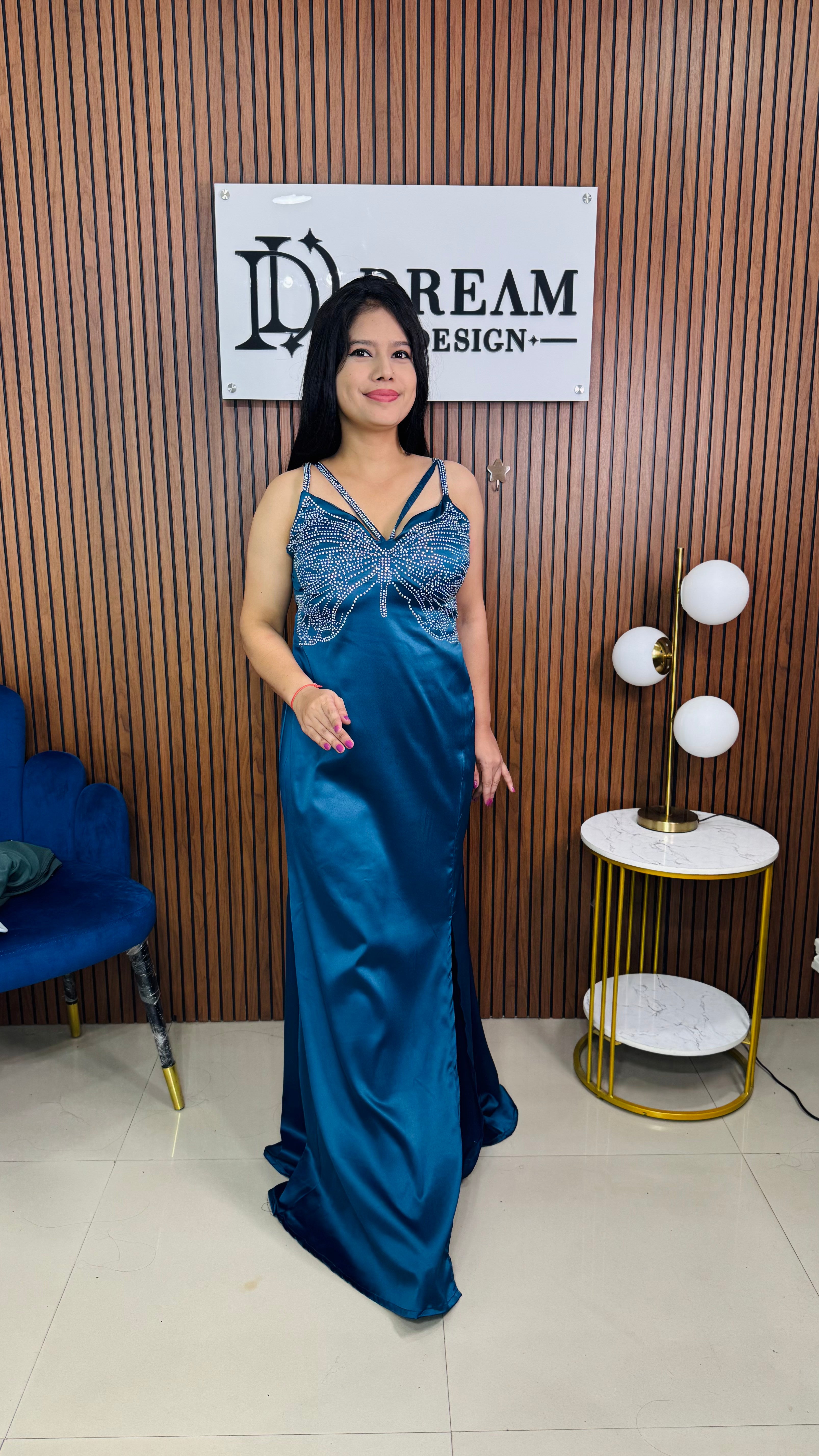 Womens Floor Length with Butterfly Design Stone Work Dress Party Wear
