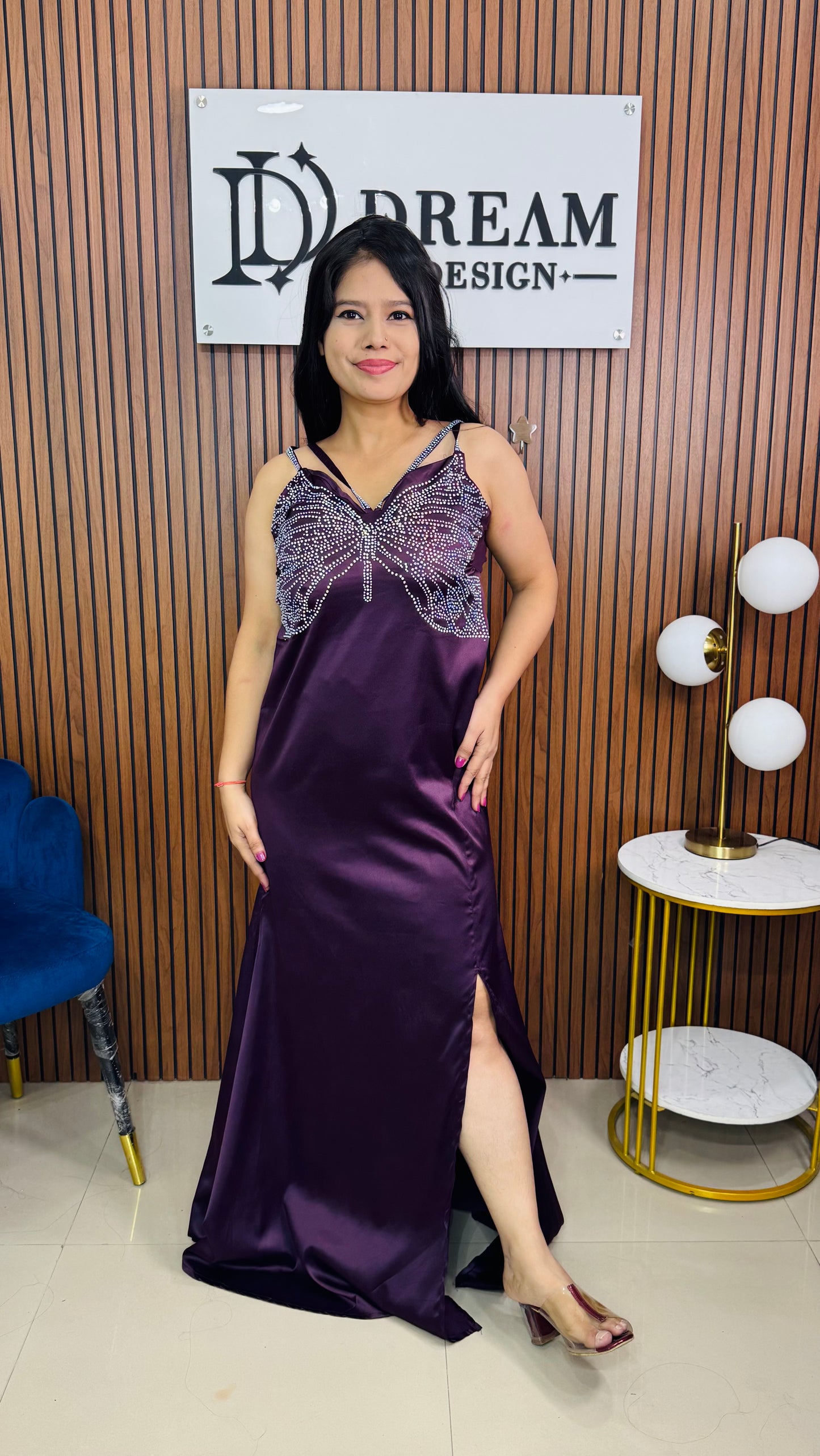 Womens Floor Length with Butterfly Design Stone Work Dress Party Wear