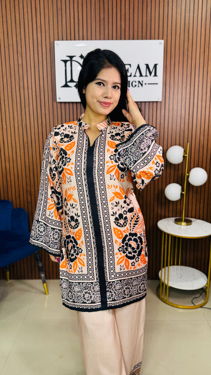 Ethnic Charm Co-ord Set – Vibrant Floral Print with Beige Base